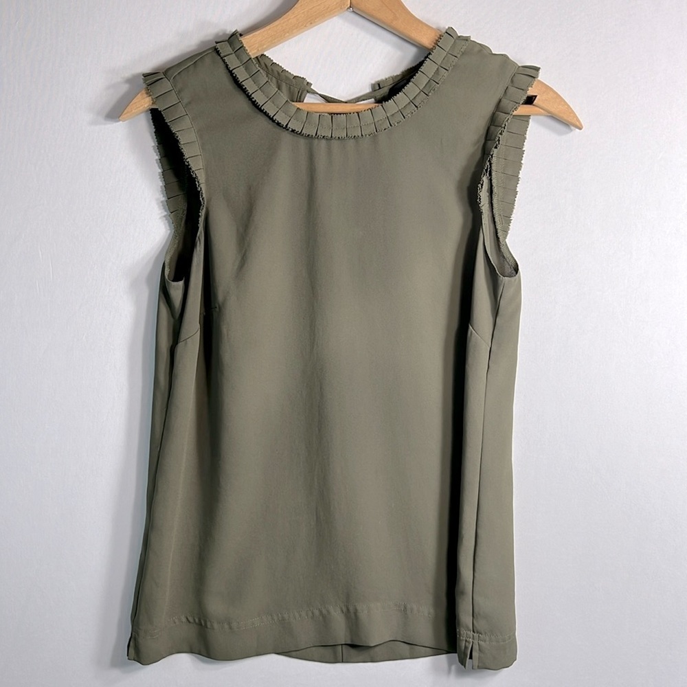 J. Crew Olive Ruffle Crew Neck Sleeveless Tie Back Blouse size 00
